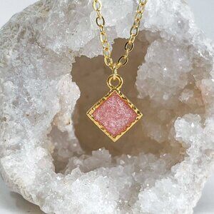 3/$20 14k Gold Pink Glitter Resin Diamond Charm Handmade Pendant Necklace